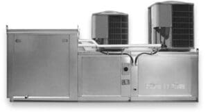 A large commercial kitchen with an air conditioner.