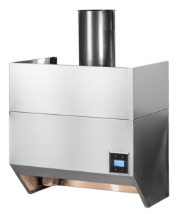 A stainless steel oven with the hood open.