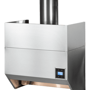 A stainless steel oven with the hood open.