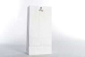 A white paper bag with a clip on the side.