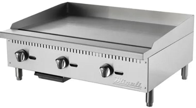 A griddle with two burners on top of it.