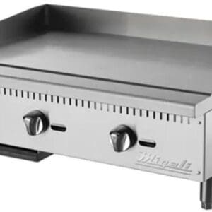 A griddle with two burners on top of it.