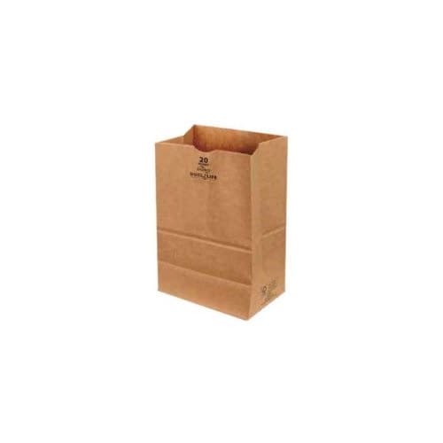 A brown paper bag with a black logo