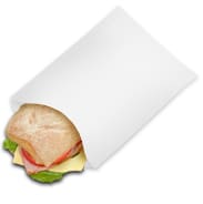 A sandwich in an open white paper bag.