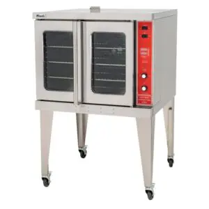 A convection oven with two doors and four legs.