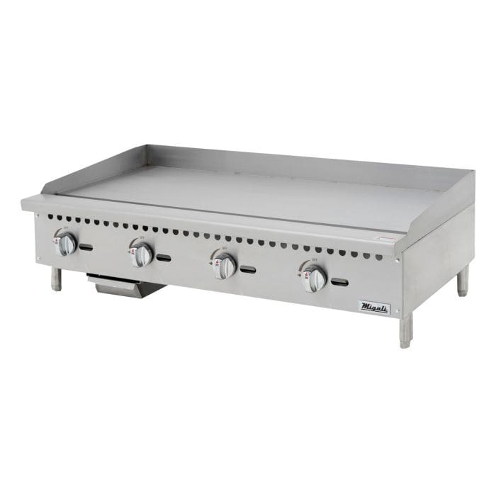 A flat top grill with four burners and one griddle plate.