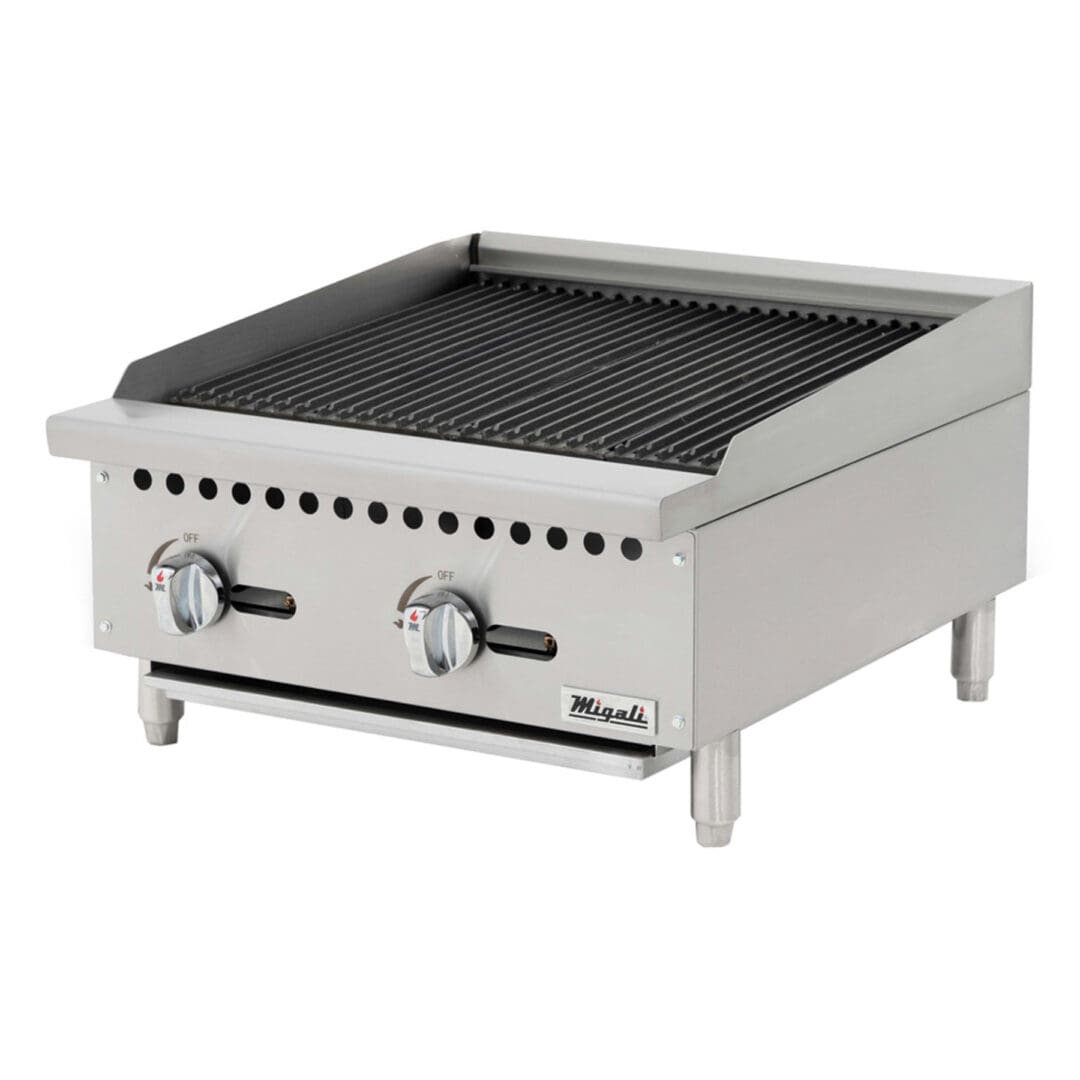 A commercial grill with two burners and one side burner.