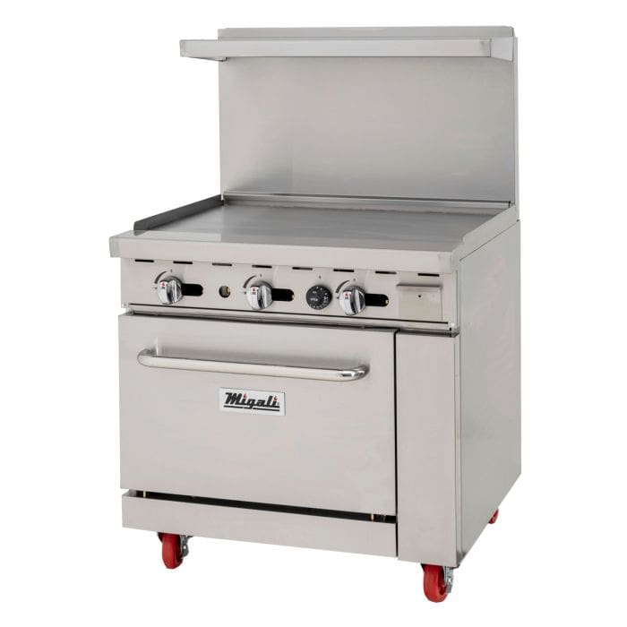 A commercial stove with an oven on top of it.