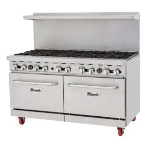 A large commercial range with two ovens and one side burner.