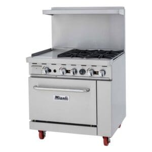 A commercial range with two burners and one oven.