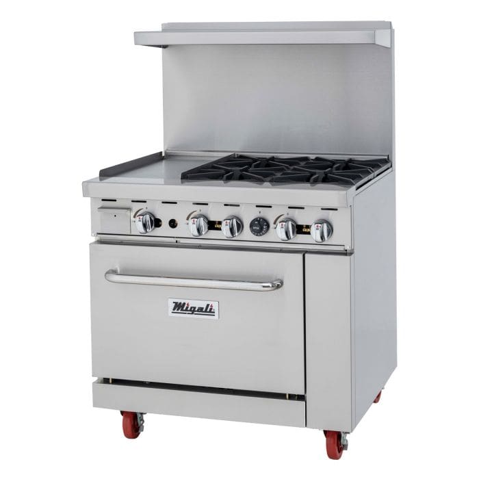 A commercial range with two burners and one oven.