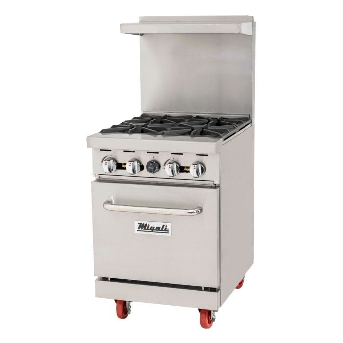 A commercial range with four burners and one oven.