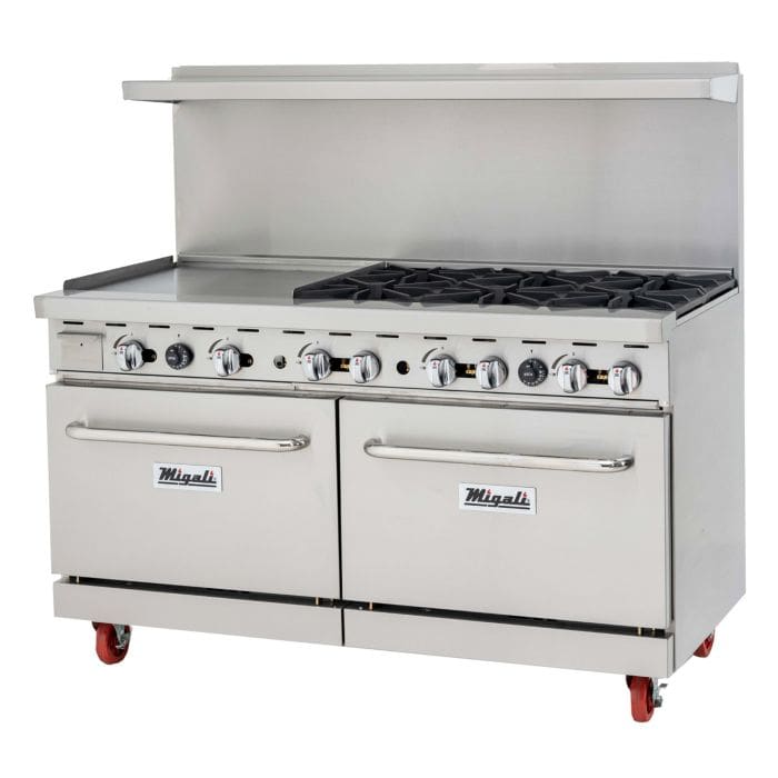 A large commercial range with two ovens and four burners.