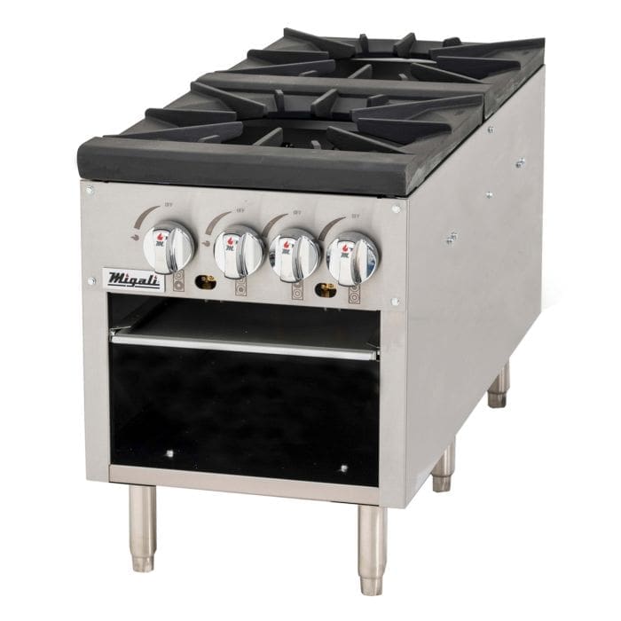 A two burner stove with oven on top.